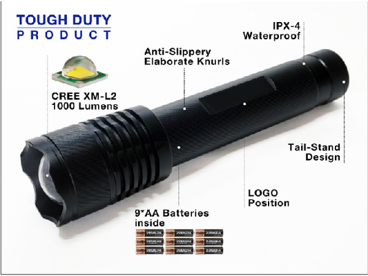 Zoom Head High Security Torchlight 1000 Lumen With 9 * AA Batteries