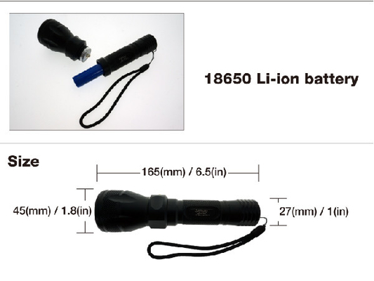 Handsize Diving LED Flashlight IPX8 Water Resistance With 18650 Li Ion Battery